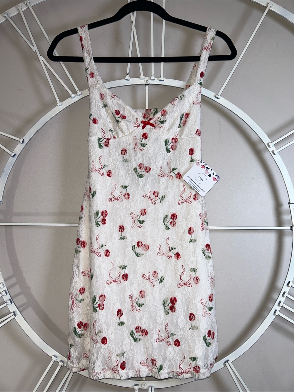 NWT Blue Blush White Lace Mini Dress with Red Cherries & Green Leaf Accents
